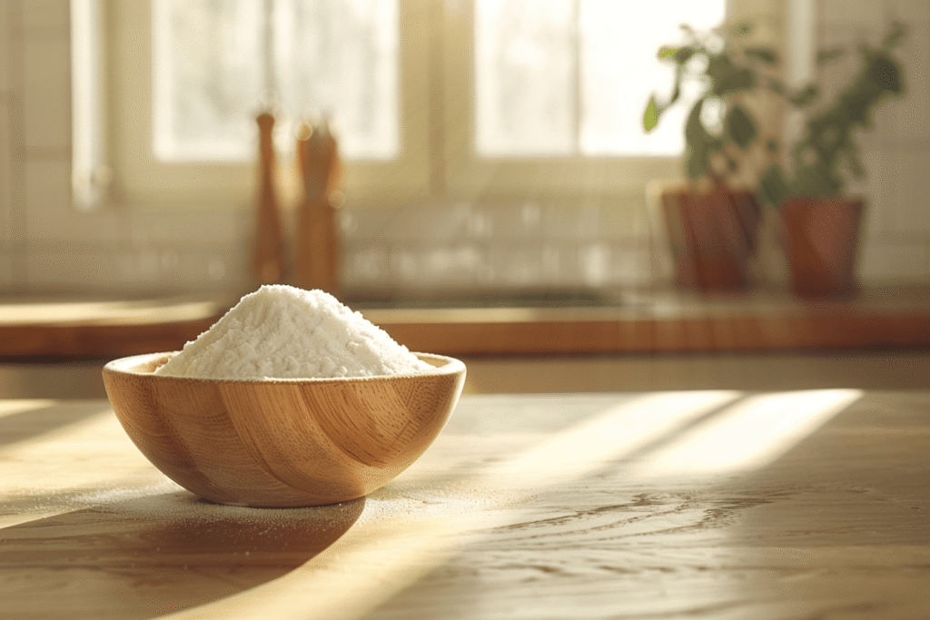 Verwendung von Natron im Haushalt – Natron in Holzschale auf der Küchenarbeitsplatte