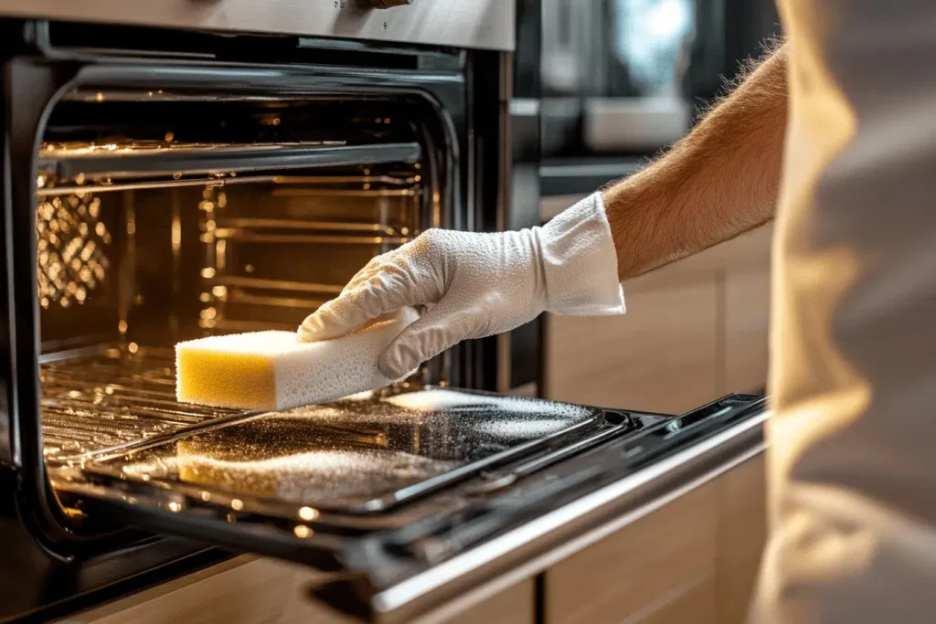 Backofen wird gereinigt mit Schwamm