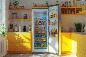 Offener Kühlschrank in einer gelben Küche