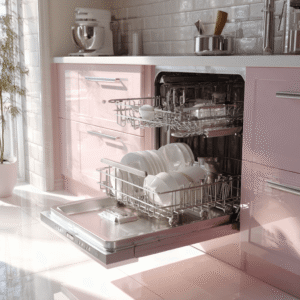 Offene Spülmaschine in einer rosa Küche
