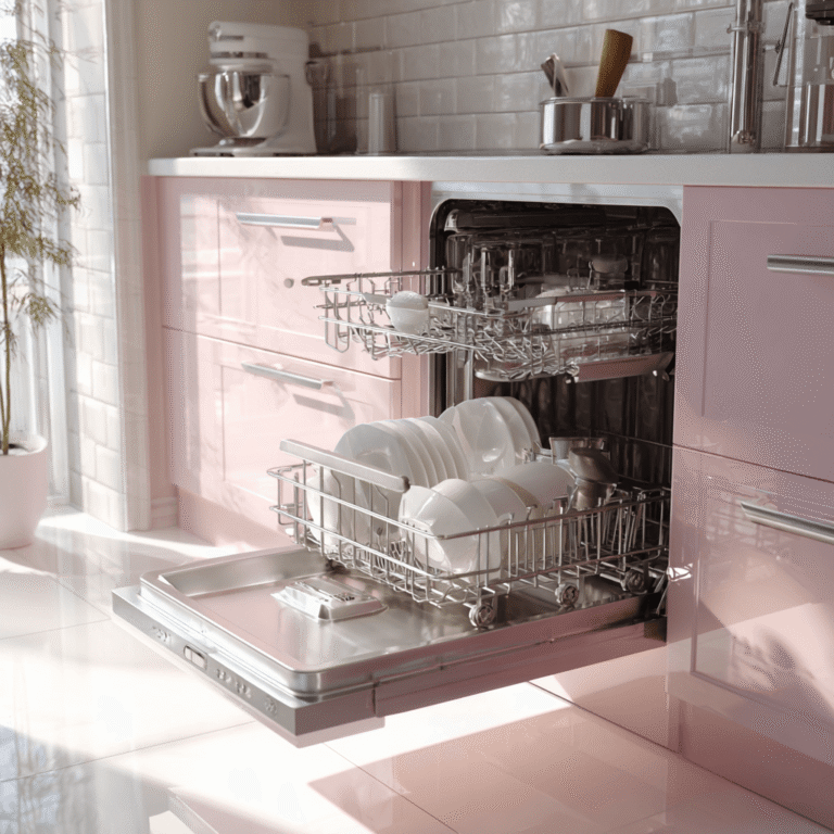 Offene Spülmaschine in einer rosa Küche