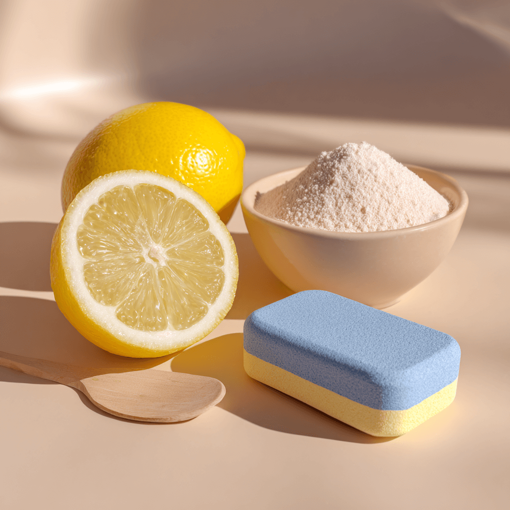 Hausmittel wie Zitrone, Backpulver und Spülmaschinentab für die Reinigung der Waschmaschine