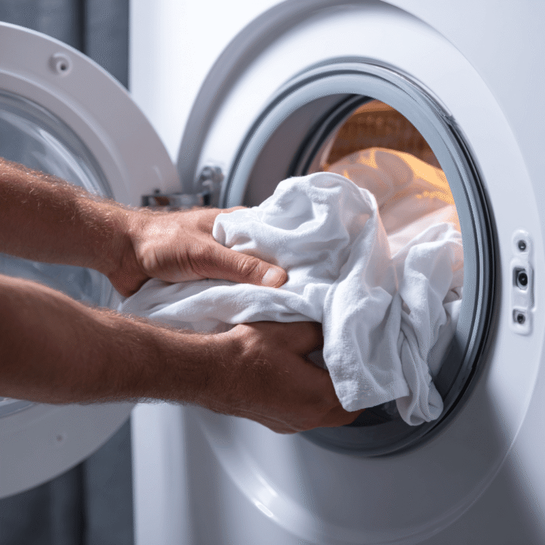 Wäsche wird aus Waschmaschine geladen