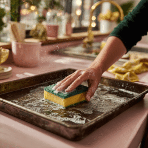 Backblech wird gereinigt mit einem Schwamm