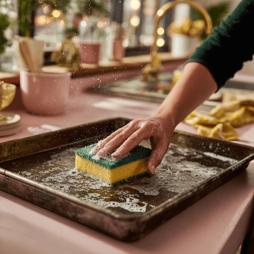 Backblech wird gereinigt mit einem Schwamm