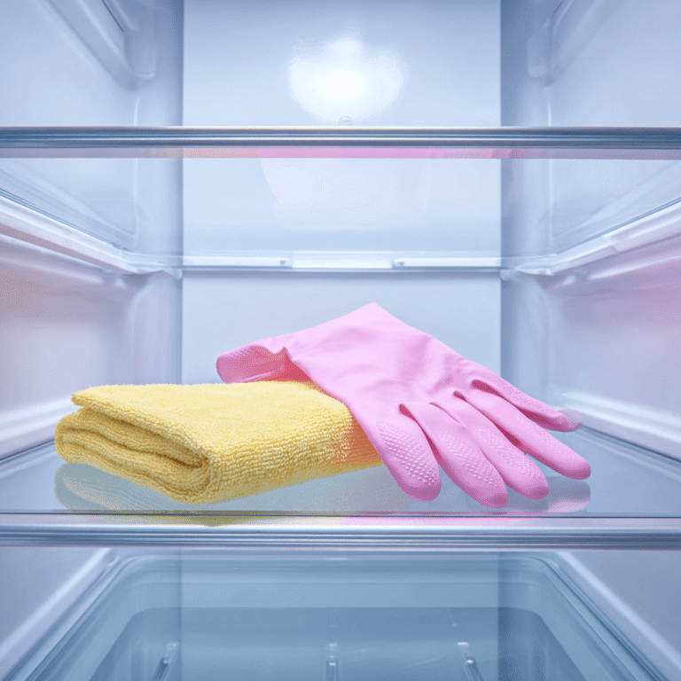 Schimmel im Kühlschrank entfernen: Reinigungshandschuh und Tuch im leeren Kühlschrank
