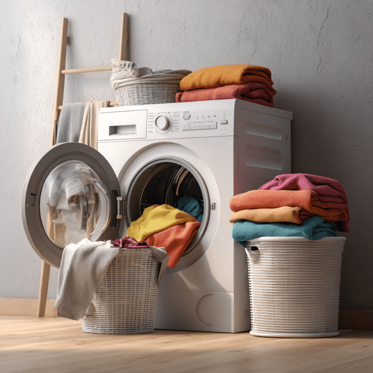 Wäsche richtig waschen: Wäsche liegt neben und auf einer Waschmaschine und wird getrennt