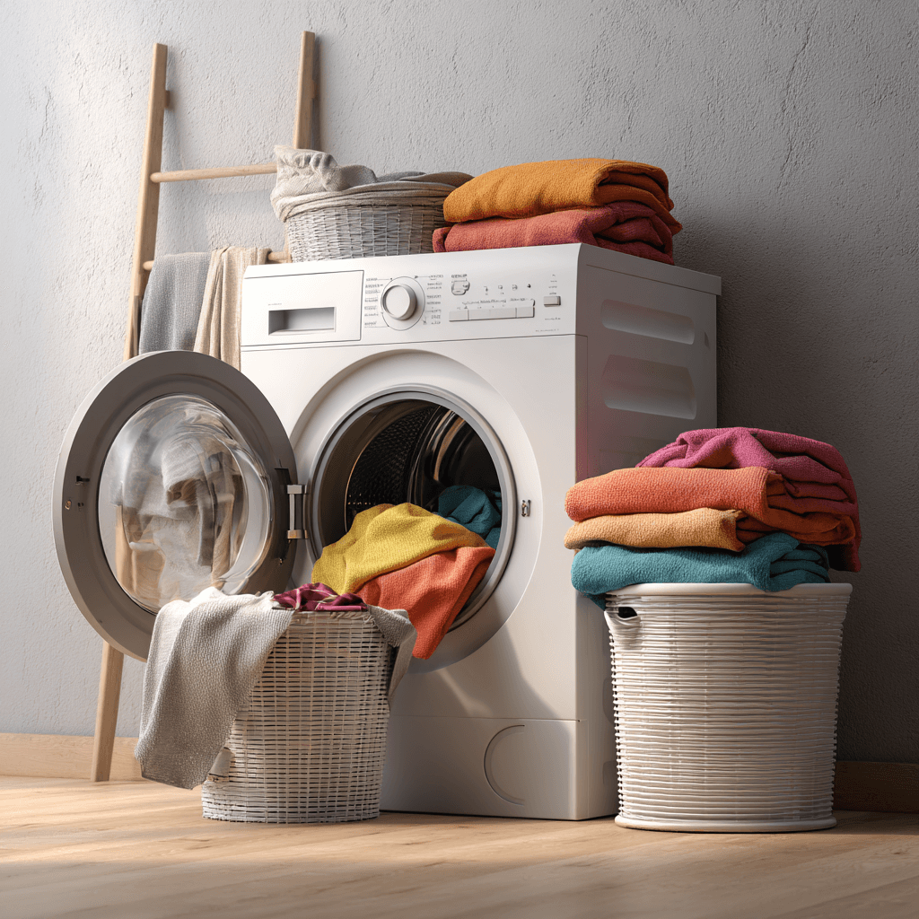 Wäsche richtig waschen: Wäsche liegt neben und auf einer Waschmaschine und wird getrennt