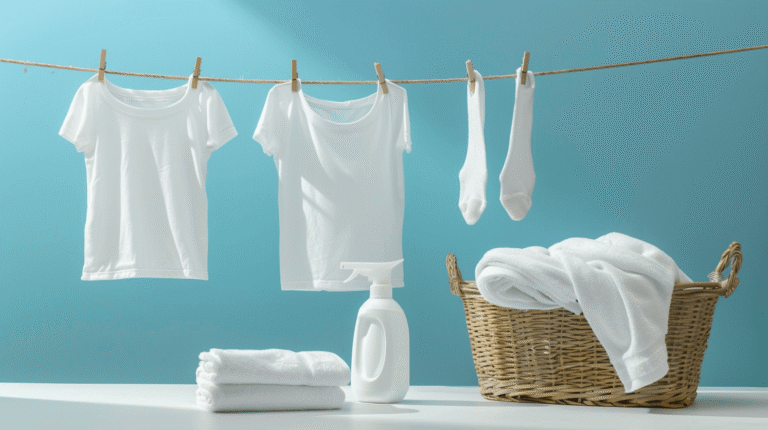 Weisse Wäsche auf einer Wäscheleine vor blauem Hintergrund mit T-Shirts, Socken, gefalteten Handtüchern, Wäschekorb und Waschmittel