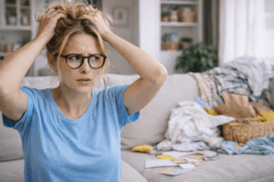 Eine Frau rauft sich die Haare vor Unordnung und fragt sich, ob sie aufräumen muss, bevor eine Reinigungskraft zum ersten Mal kommt