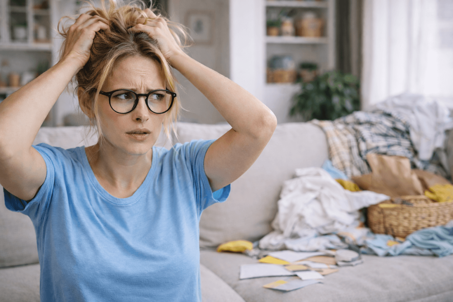 Eine Frau rauft sich die Haare vor Unordnung und fragt sich, ob sie aufräumen muss, bevor eine Reinigungskraft zum ersten Mal kommt