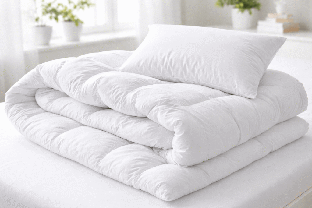 Helle, frisch gewaschene Bettdecke und Kopfkissen ohne Bezug liegen locker gefaltet auf einem Bett und sind bereit zum Waschen.