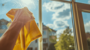 Fenster putzen mit einem gelben Mikrofasertuch bei Tageslicht