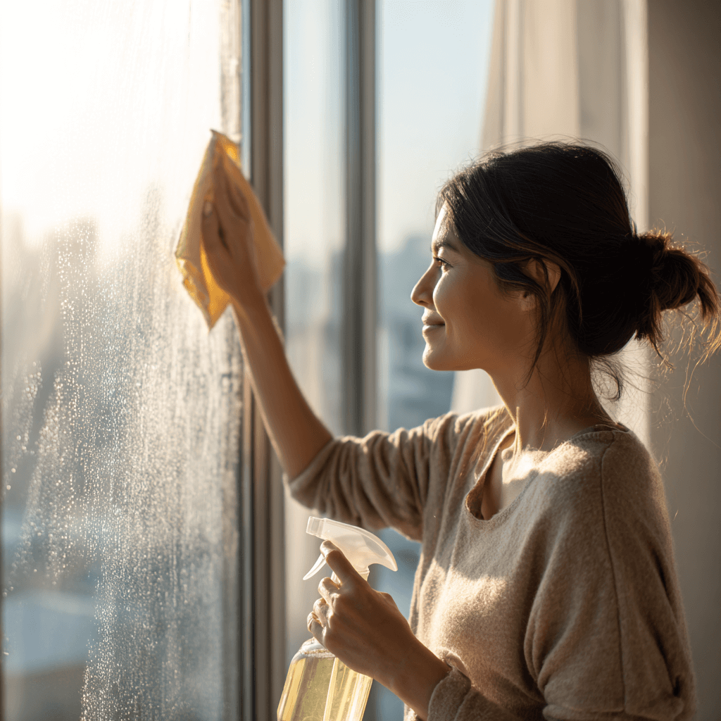 Fenster putzen mit Hausmitteln: Frau wischt Fenster mit Tuch sauber, Sprayflasche in der Hand
