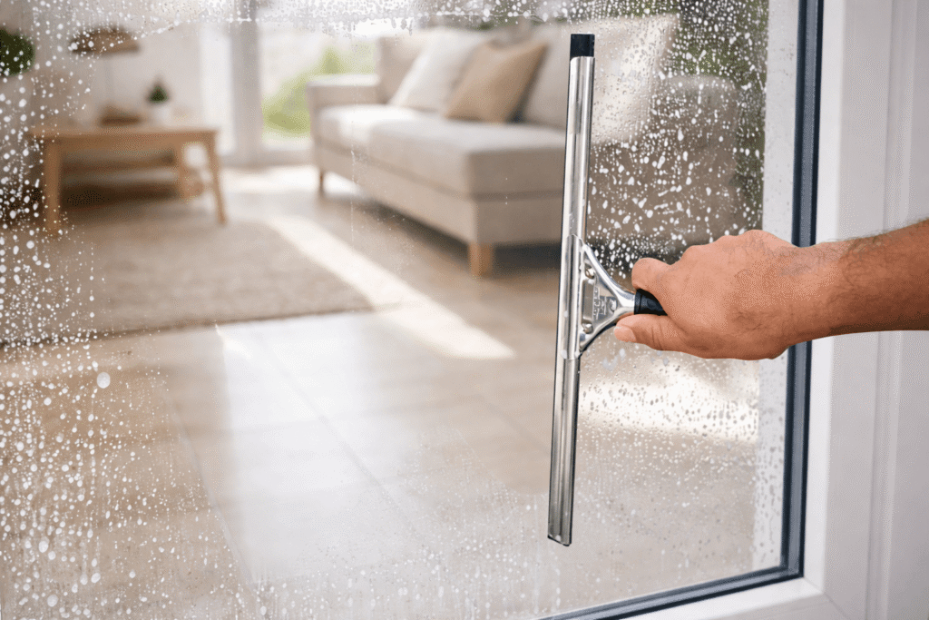 Fenster putzen mit Klarspüler: Fenster wird mit Abzieher getrocknet ohne Streifen