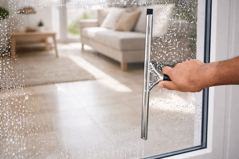 Fenster putzen mit Klarspüler: Fenster wird mit Abzieher getrocknet ohne Streifen