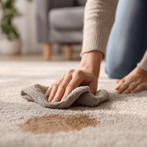 Flecken aus Teppich entfernen: Frau reibt mit einem Tuch über einen braunen Fleck auf einem beigefarbenen Teppich