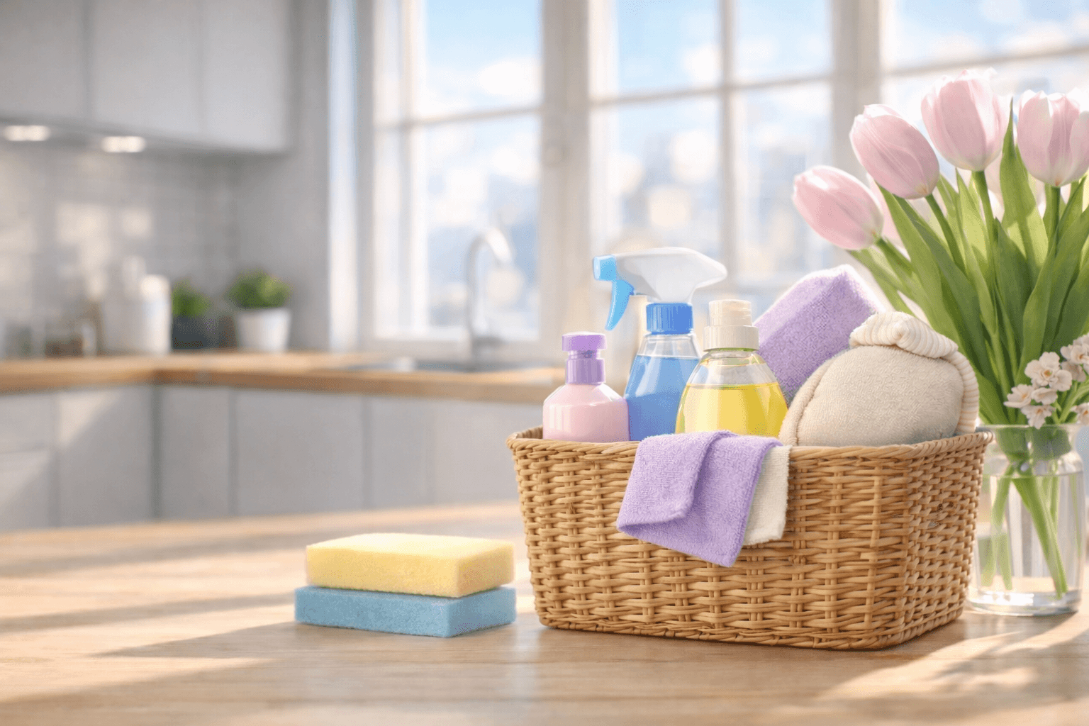 Frühjahrsputz: Reinigungsutensilien in einem natürlichen Korb in einer hellen Küche