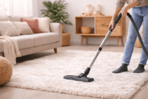 Hochflor Teppich reinigen: Frau saugt einen hellen Hochlor-Teppich in einem Wohnzimmer