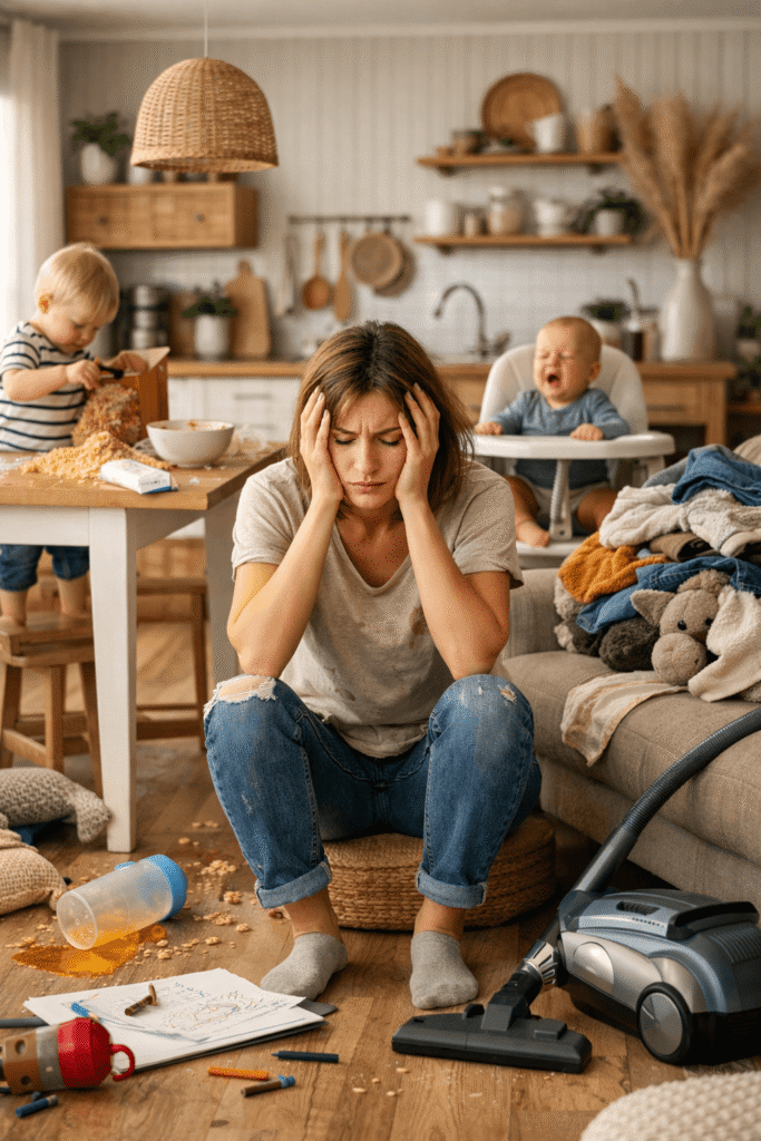 Mental Load im Haushalt: erschöpfte Mutter mit Chaos in der Wohnung