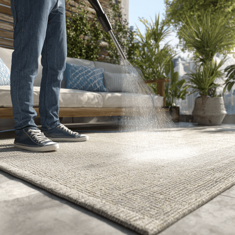 Outdoor-Teppich reinigen: Mann spritzt Outdoor-Teppich mit Hochdruckreiniger auf der Terrasse ab