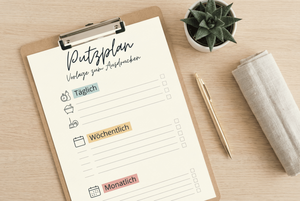 Übersichtlicher Putzplan für den Haushalt mit täglichen, wöchentlichen und monatlichen Aufgaben