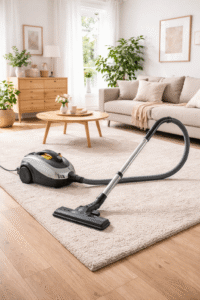 Staubsauger reinigt einen hellen Teppich in einer modern und skandinavisch eingerichteten Wohnung mit viel Tageslicht, Holzfußboden und neutralen Naturtönen