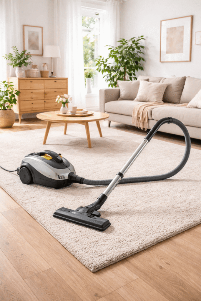 Staubsauger reinigt einen hellen Teppich in einer modern und skandinavisch eingerichteten Wohnung mit viel Tageslicht, Holzfußboden und neutralen Naturtönen