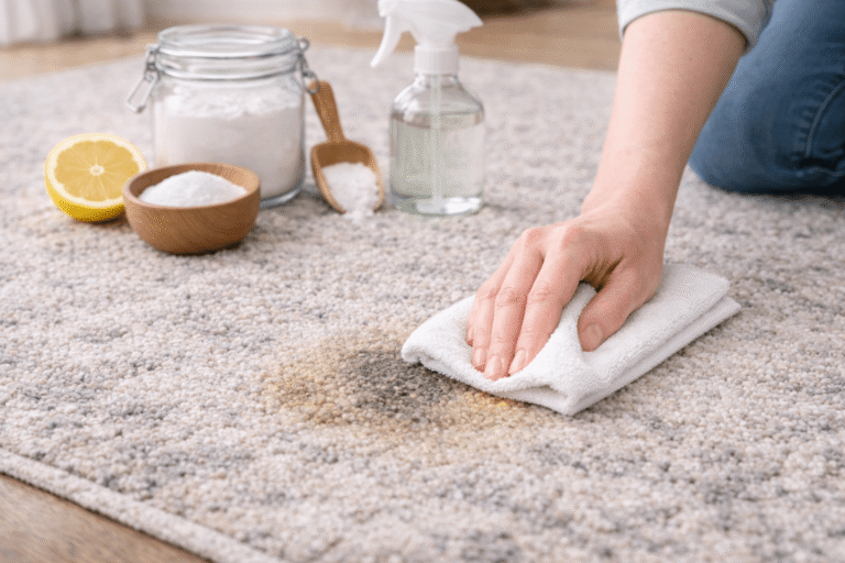 Hand tupft einen Fleck auf einem hellen Teppich mit einem Tuch ab, daneben liegen natürliche Hausmittel wie Natron und Zitrone zur Teppichreinigung