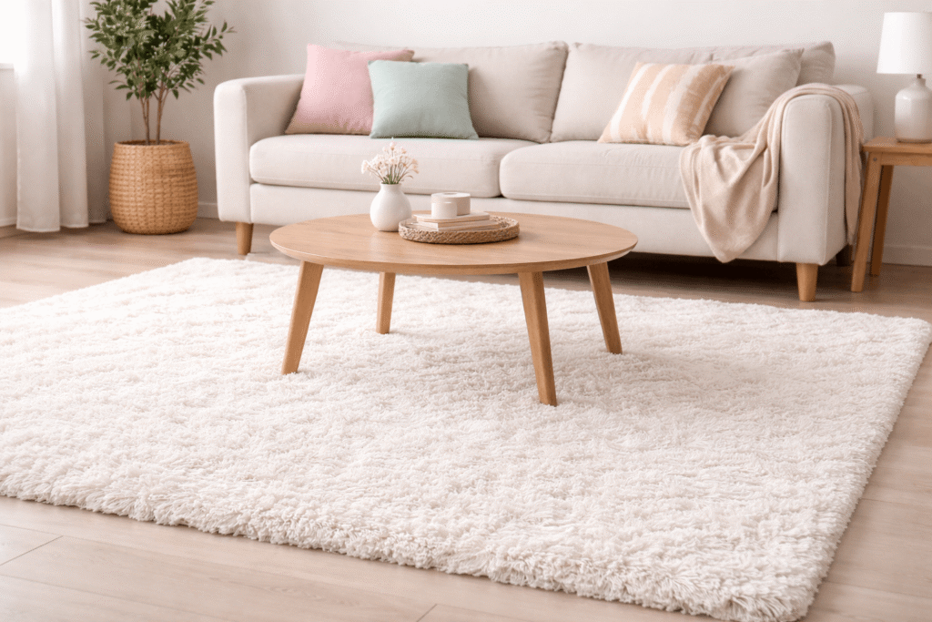 Weissen Teppich reinigen im Wohnzimmer mit hellem Sofa und Couchtisch auf flauschigem Teppich