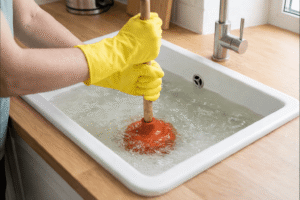 Roter Pömpel im Einsatz bei verstopftem Waschbecken mit stehendem Wasser