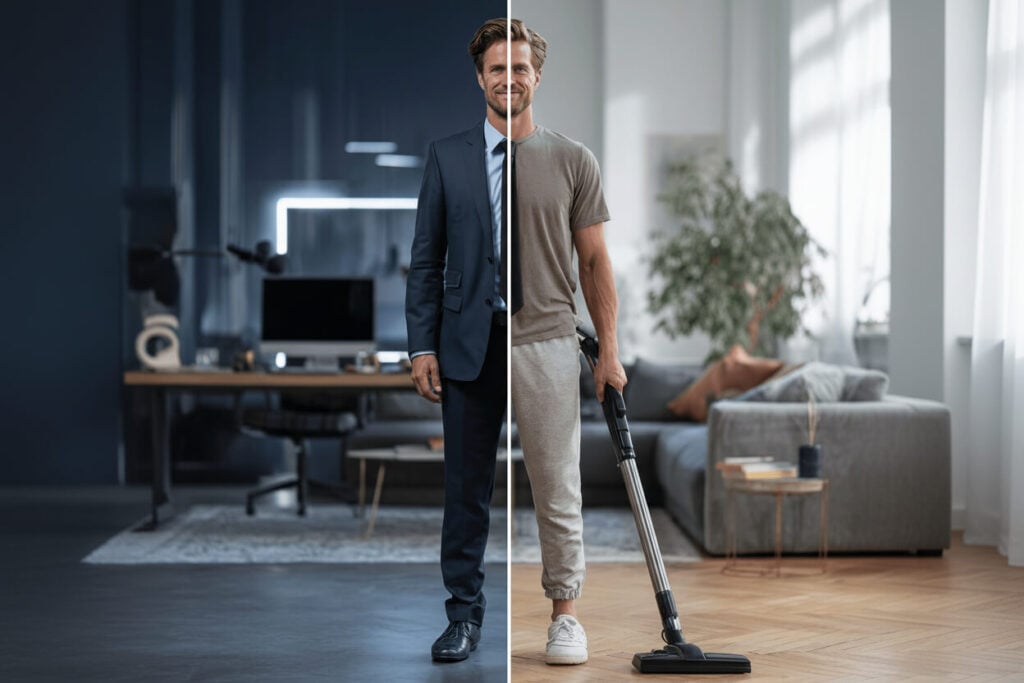 Bild eines berufstätigen Mannes im Anzug und beim Staubsaugen zuhause – Symbol für einen Putzplan für Berufstätige