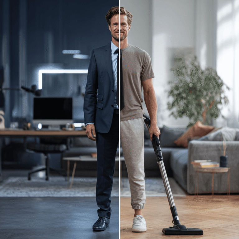 Berufstätiger Mann zwischen Bürojob und Haushalt – Alltag mit Job und Reinigung zu Hause