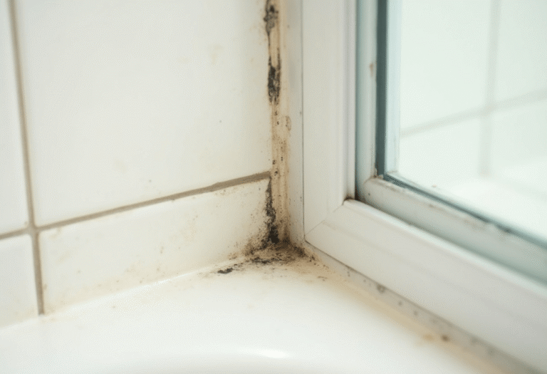 Schimmel in der Dusche sitzt auf Fliesen und Fugen