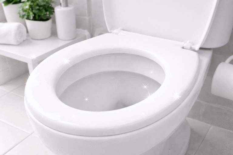 Strahlend weiße, frisch gereinigte Toilette in einem modernen Badezimmer.