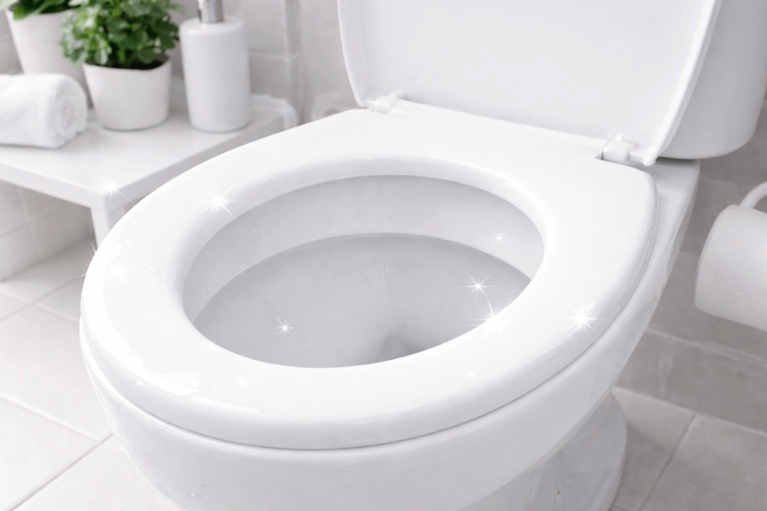 Strahlend weiße, frisch gereinigte Toilette in einem modernen Badezimmer.