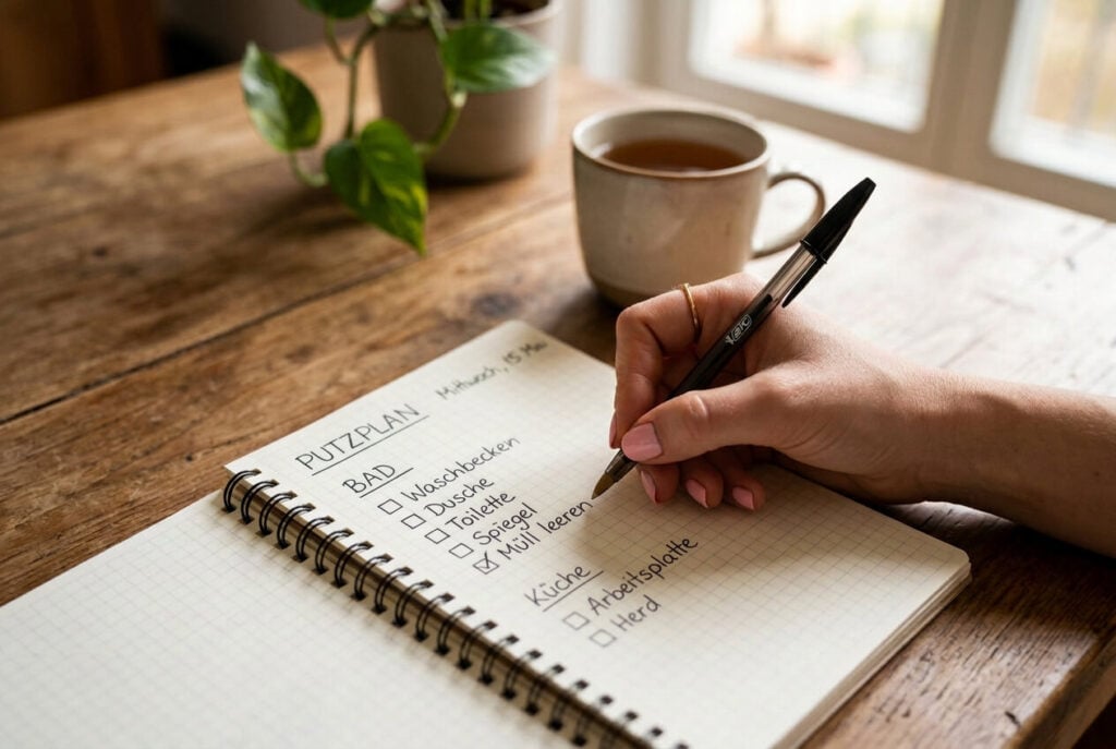 Checkliste für Putzfrauen im Notizbuch mit Aufgaben für Bad, Küche und Wohnzimmer, handgeschrieben und übersichtlich strukturiert
