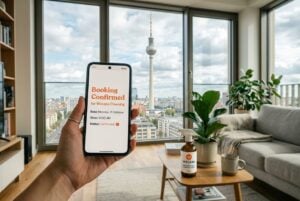 Hand holding a mobile phone with a booking confirmation of a cleaning service in Berlin