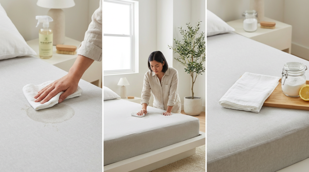 Matratze reinigen: Frau wischt über Fleck auf der Matratze