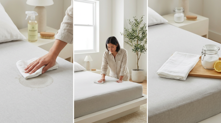 Matratze reinigen: Frau wischt über Fleck auf der Matratze