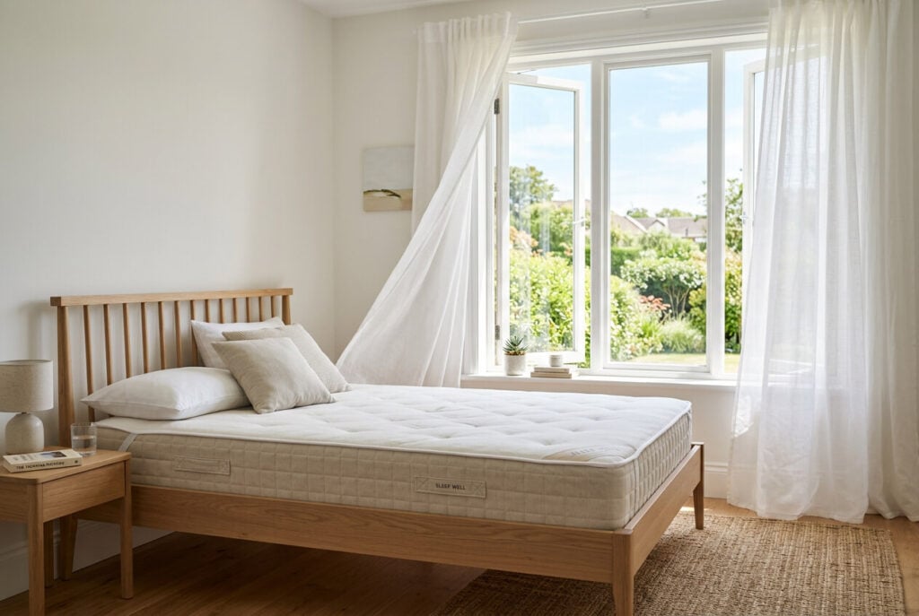 Matratze reinigen mit Lüften, offene Fenster neben einer Matratze