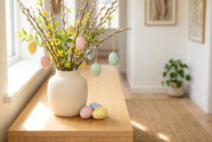 Osterdeko auf einer Ablage, Zweig mit Ostereiern