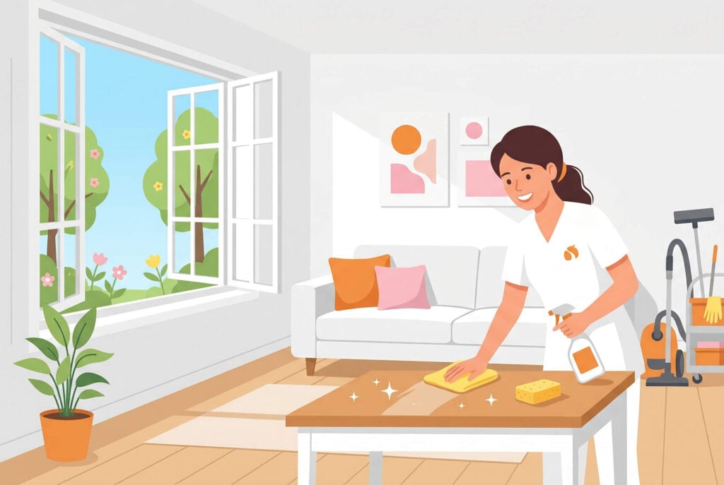 Haushaltshilfe in München reinigt Tisch im Wohnzimmer – professionelle Reinigungskraft beim Putzen mit Spray und Tuch in sauberem Zuhause