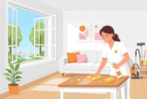 Haushaltshilfe in München reinigt Tisch im Wohnzimmer – professionelle Reinigungskraft beim Putzen mit Spray und Tuch in sauberem Zuhause