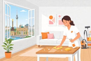 Illustration einer Putzfrau beim Putzen in Berlin, mit Berliner Wahrzeichen wie Brandenburger Tor und Fernsehturm im Hintergrund durch das offene Fenster.