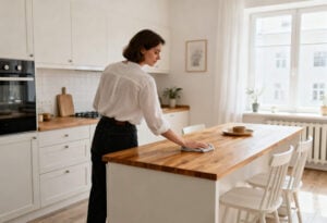 Putzfrau in München Stundenlohn: Haushaltshilfe wischt Küchenarbeitsplatte sauber