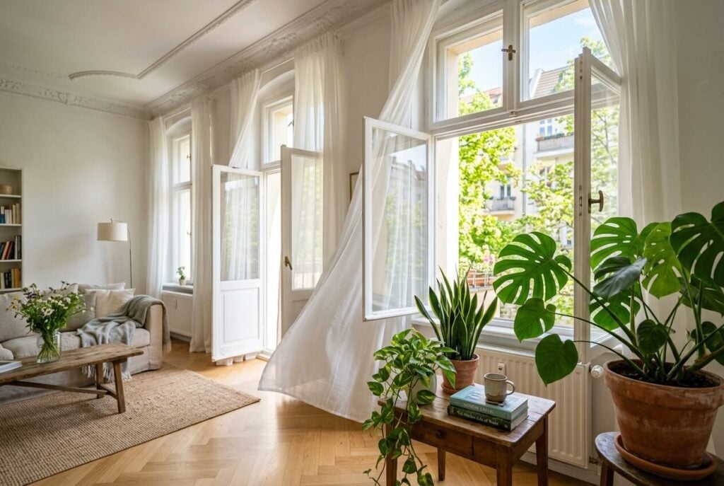 Raumklima verbessern durch Lüften und grüne Pflanzen in einer Altbauwohnung