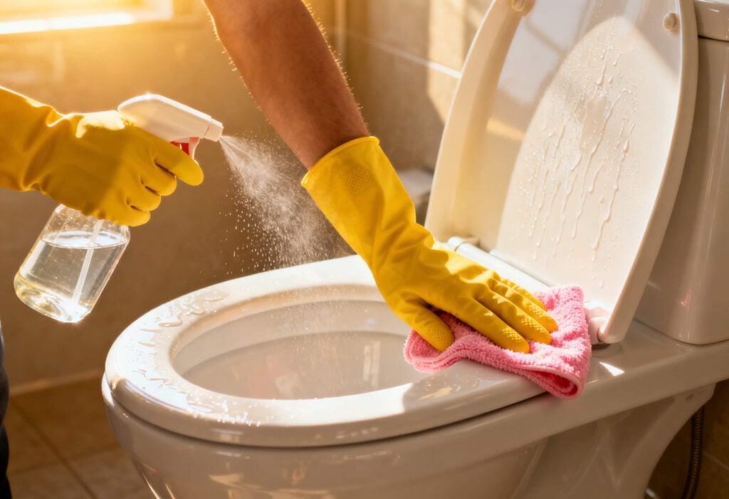 Toilettenbrille wird gereinigt mit Microfasertuch und Spray