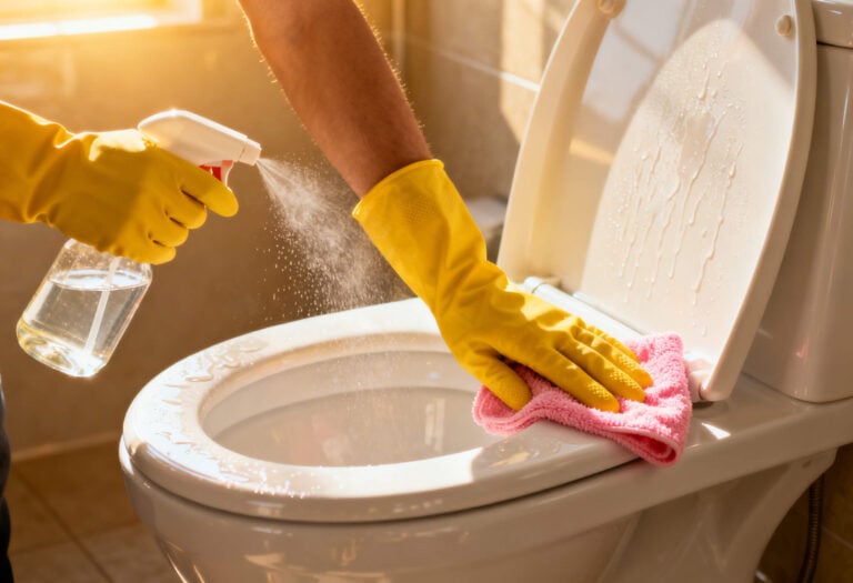 Toilettenbrille wird gereinigt mit Microfasertuch und Spray