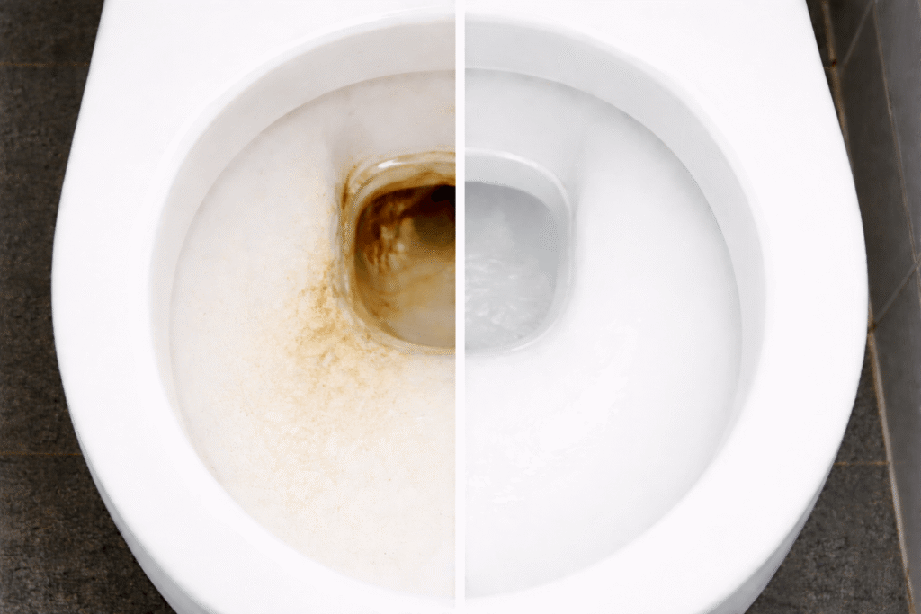 Vorher-Nachher-Vergleich einer Toilette: links Urinstein im Abflussrohr, rechts eine blitzblank saubere weiße WC-Schüssel